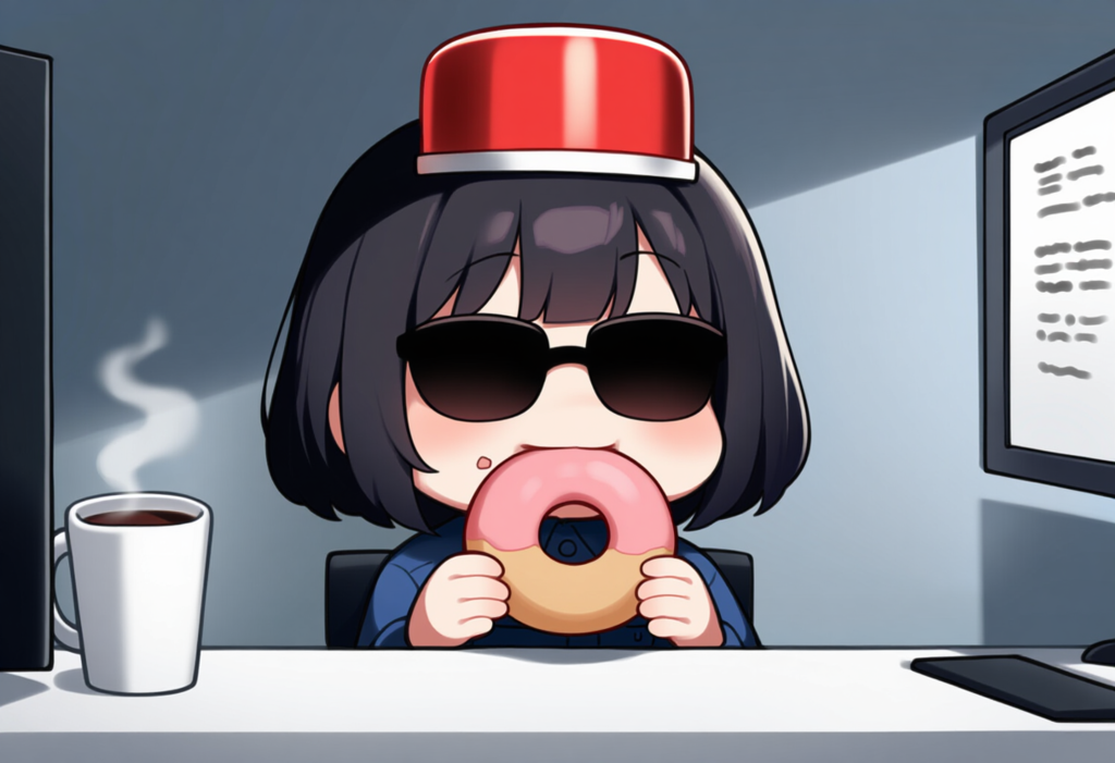 はぁ～ドーナツ食べながらちょっと休憩…問題児たちのボスをするのも楽じゃないよ…