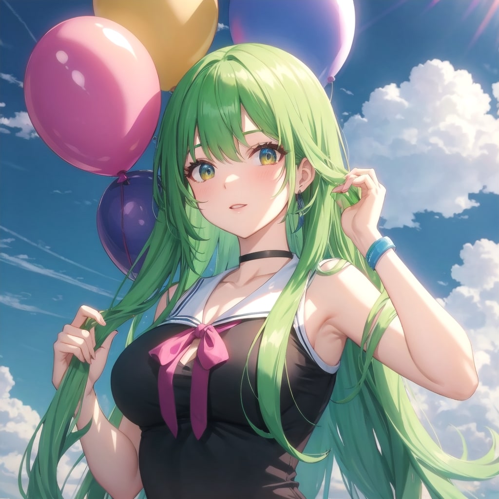 いっぱい風船を持つ緑髪ロングのお天気キャスターの美女