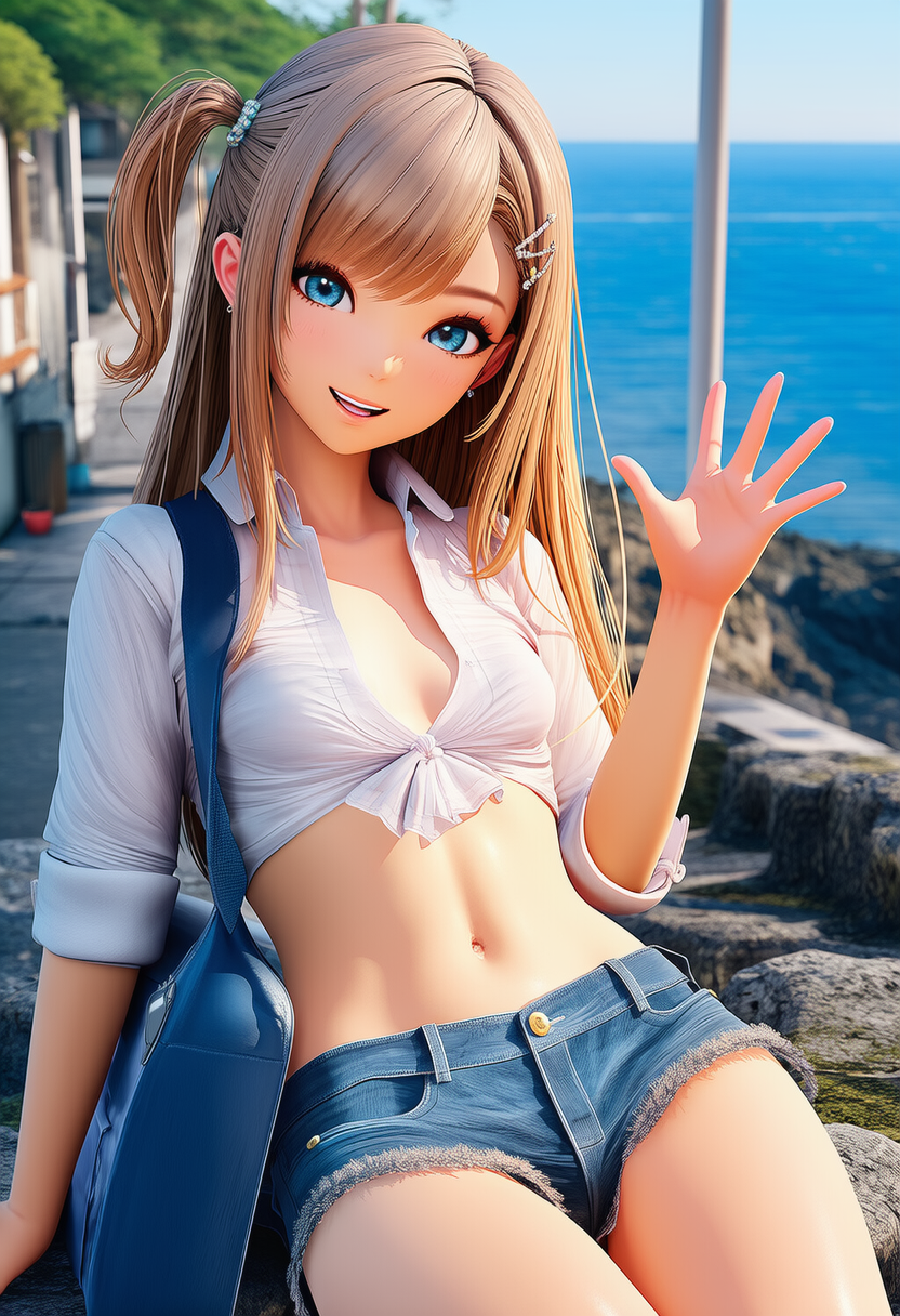海を背景に座る少女