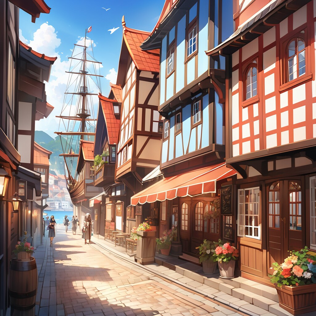 VEGA風景画（港町と露天風呂付旅館）