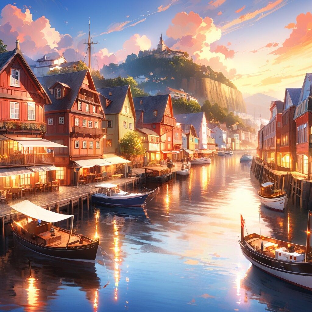 VEGA風景画（港町と露天風呂付旅館）