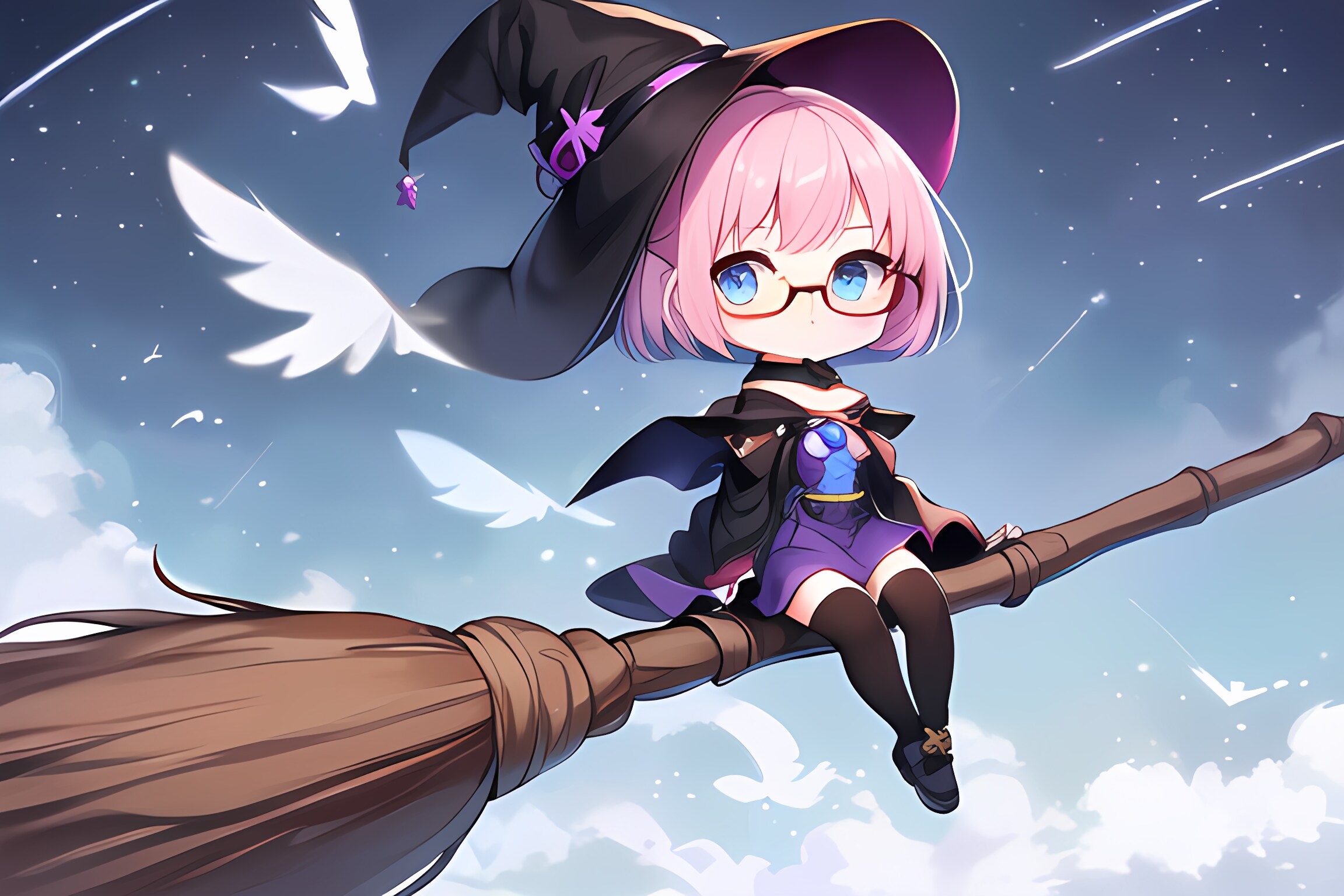 【IP-Adapterの練習】街中をホウキに乗って空を飛ぶ魔法少女