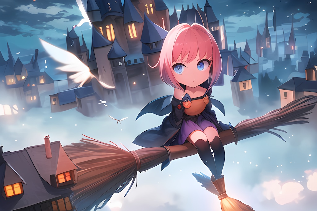 【IP-Adapterの練習】街中をホウキに乗って空を飛ぶ魔法少女