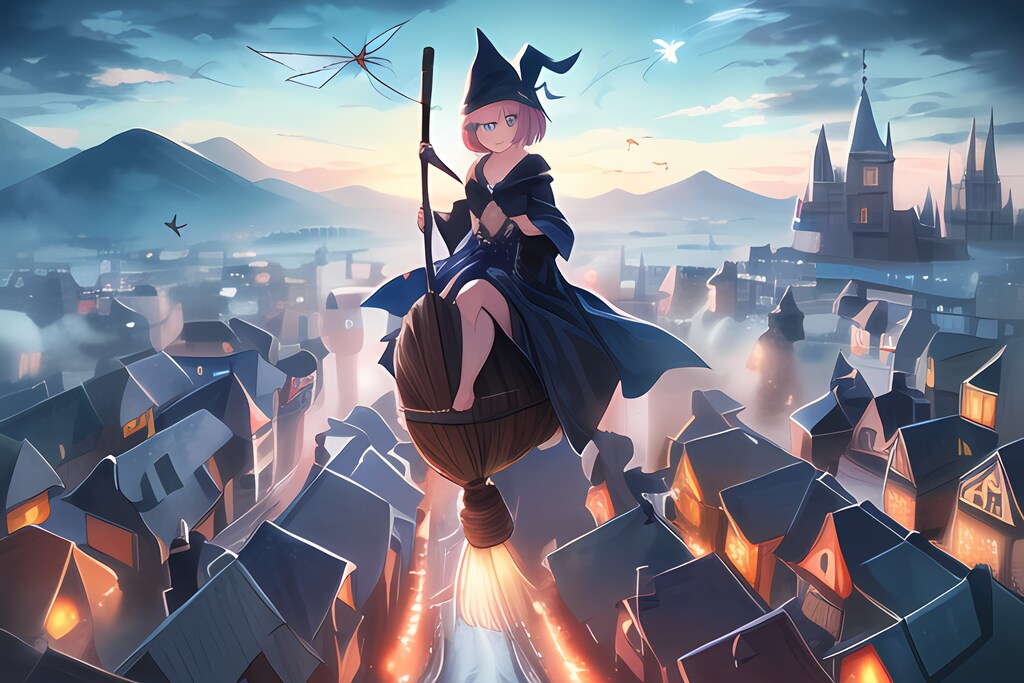 【IP-Adapterの練習】街中をホウキに乗って空を飛ぶ魔法少女
