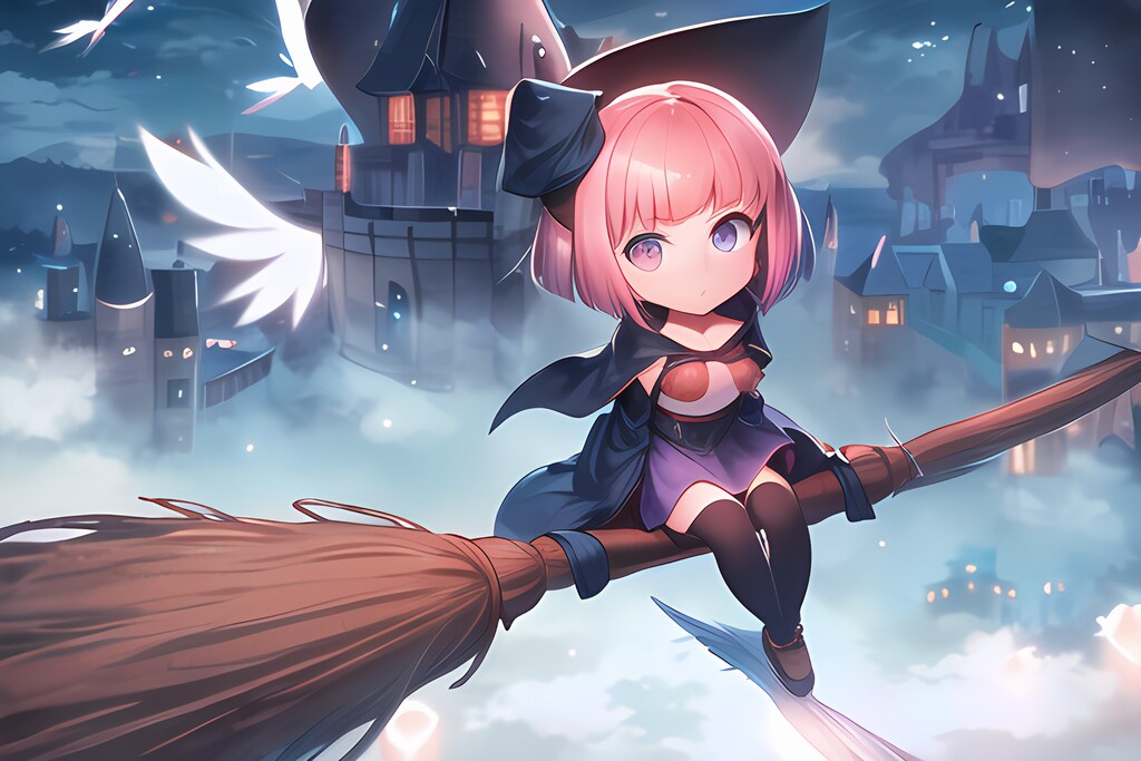 【IP-Adapterの練習】街中をホウキに乗って空を飛ぶ魔法少女