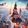 【IP-Adapterの練習】街中をホウキに乗って空を飛ぶ魔法少女 4枚目