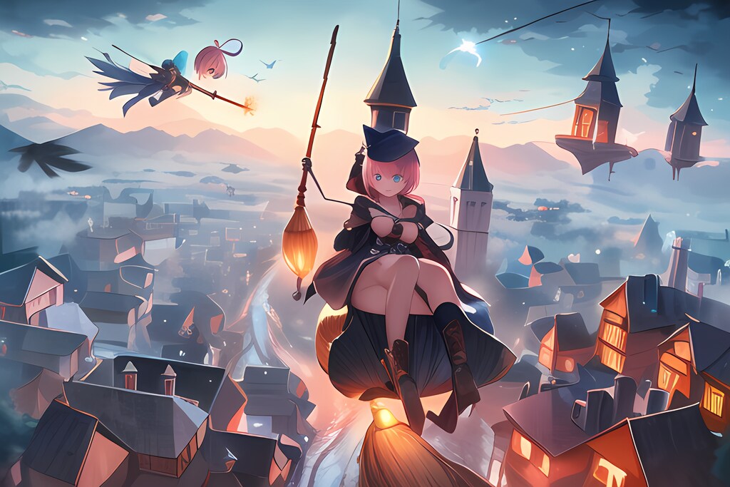 【IP-Adapterの練習】街中をホウキに乗って空を飛ぶ魔法少女
