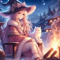 焚き火で暖まる魔法少女と猫 3枚目