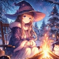 焚き火で暖まる魔法少女と猫 2枚目