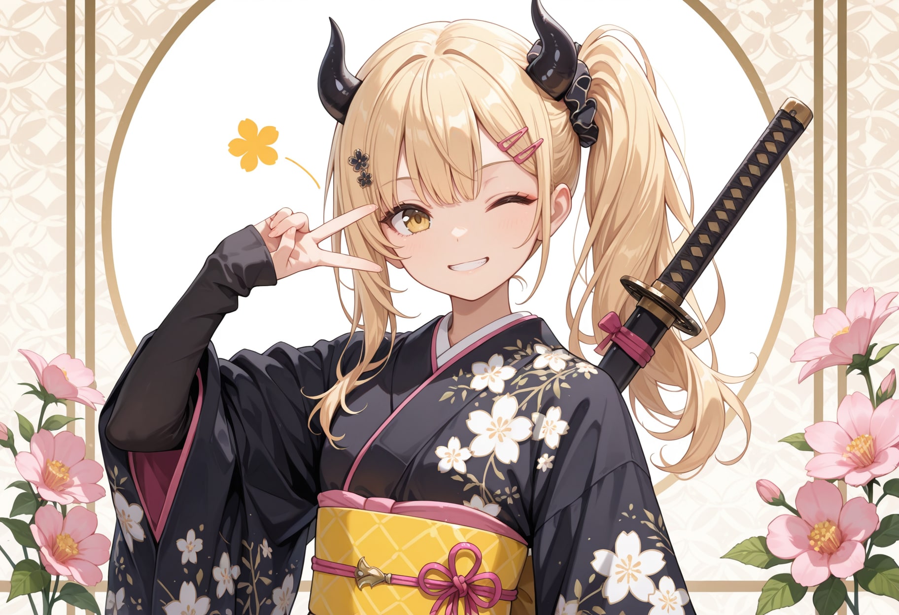 刀を背負ってピースする着物女鬼高生さん | の人気AIイラスト・グラビア