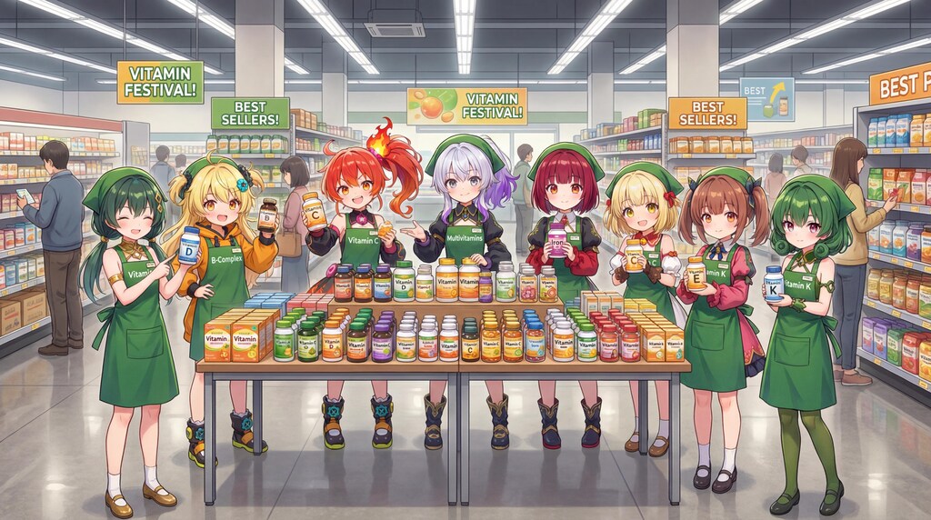 スーパーちちぷいでサプリを販売するビタミンちゃんたち