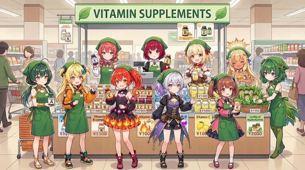 スーパーちちぷいでサプリを販売するビタミンちゃんたち