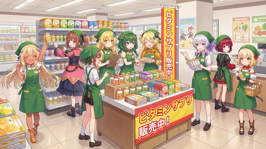スーパーちちぷいでサプリを販売するビタミンちゃんたち