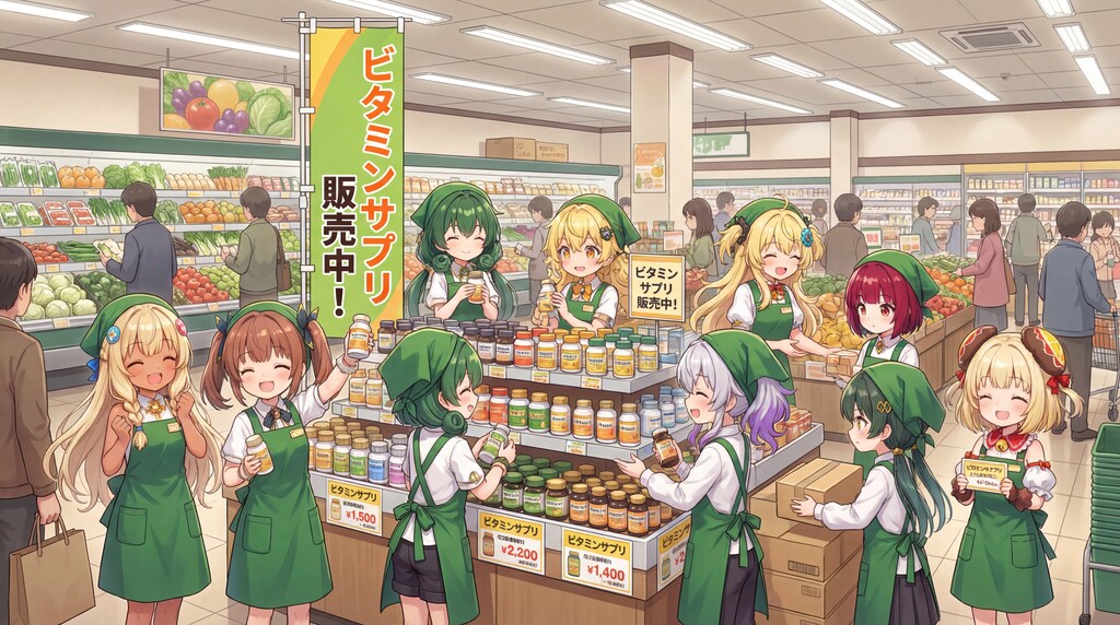スーパーちちぷいでサプリを販売するビタミンちゃんたち