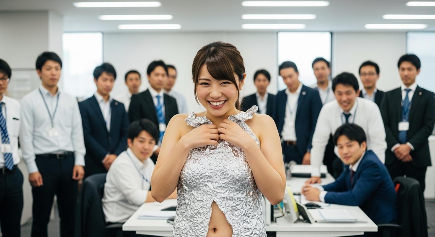 社内でアルミホイルだけを身にまとっている女性
