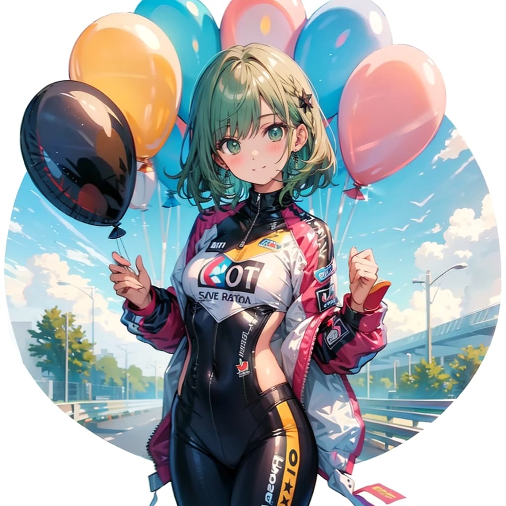 いっぱい風船を持つレーシングスーツ着た緑髪の美女。 | の人気AIイラスト・グラビア