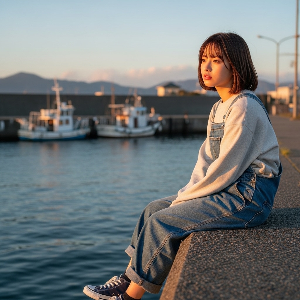 夕陽の落ちる堤防でぼんやりと