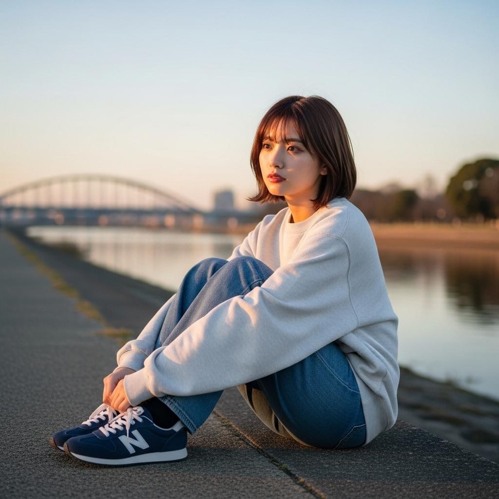 夕陽の落ちる堤防でぼんやりと