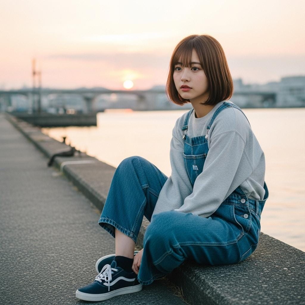 夕陽の落ちる堤防でぼんやりと