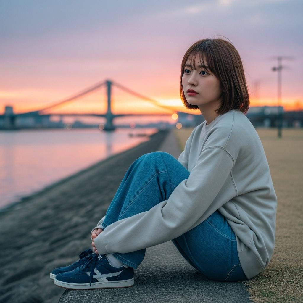 夕陽の落ちる堤防でぼんやりと