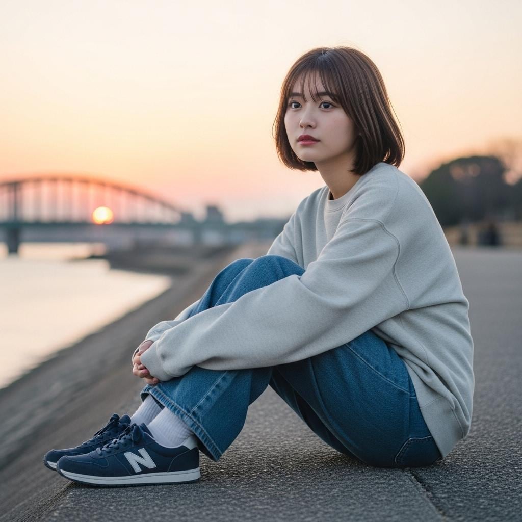 夕陽の落ちる堤防でぼんやりと