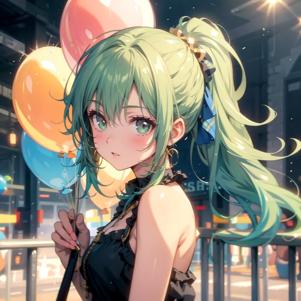 色とりどりの風船を持つ緑髪ポニーテールの吹奏楽部の美女