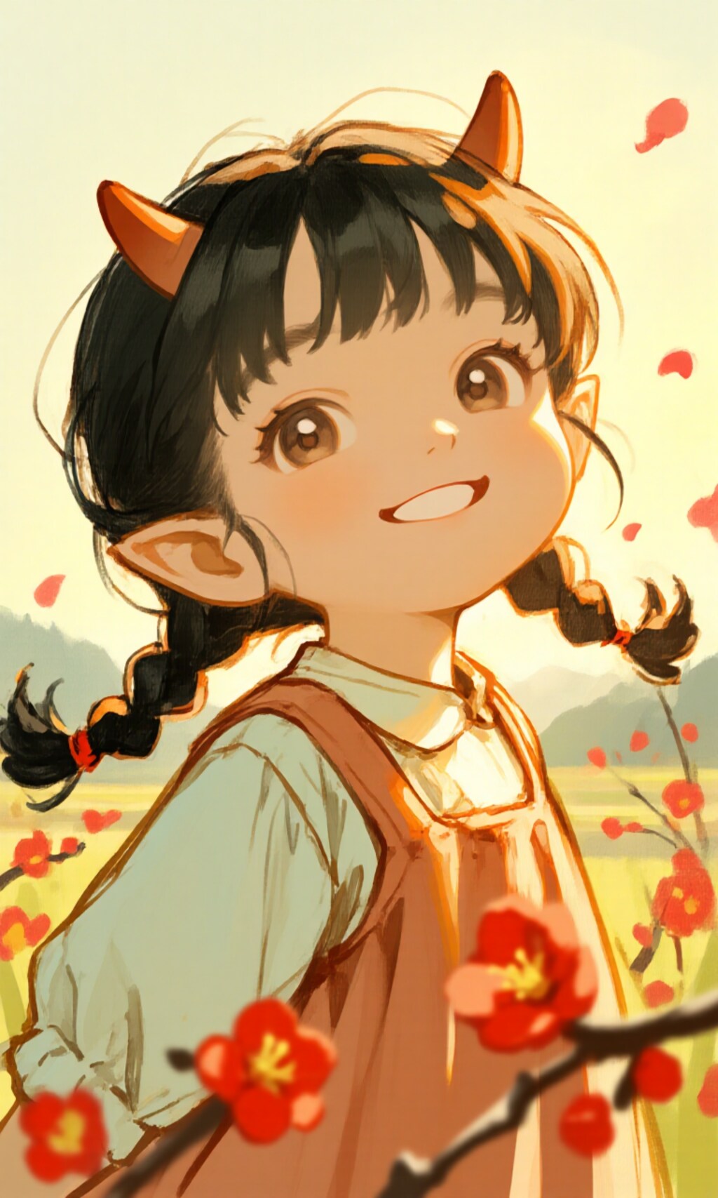 立春、節分が終わって鬼の子供も笑顔、村の友達と