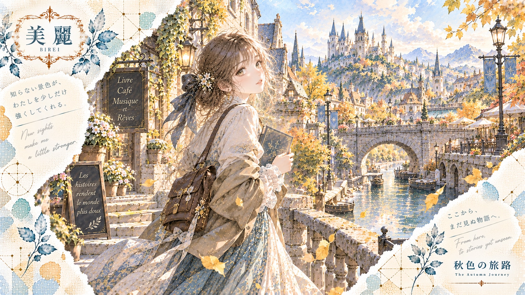 A traveler pausing on a golden stairway, book in hand, a whole autumn city glowing beyond the bridge | の人気AIイラスト・グラビア