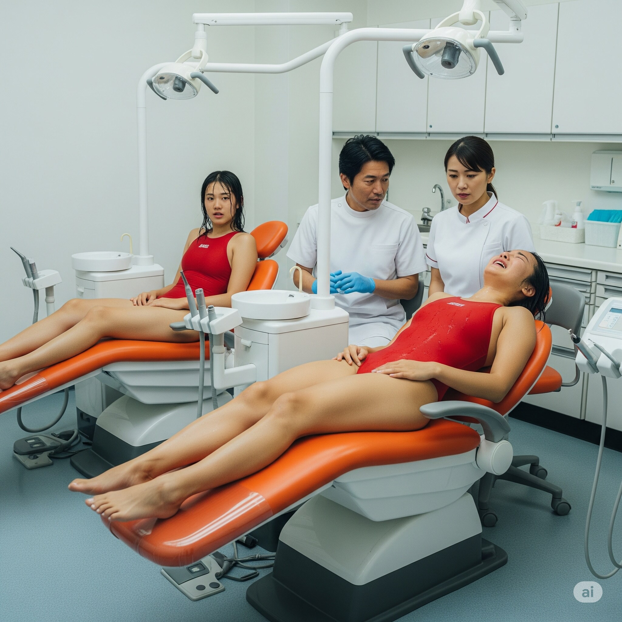 友人と並んで診察を受ける水球部員