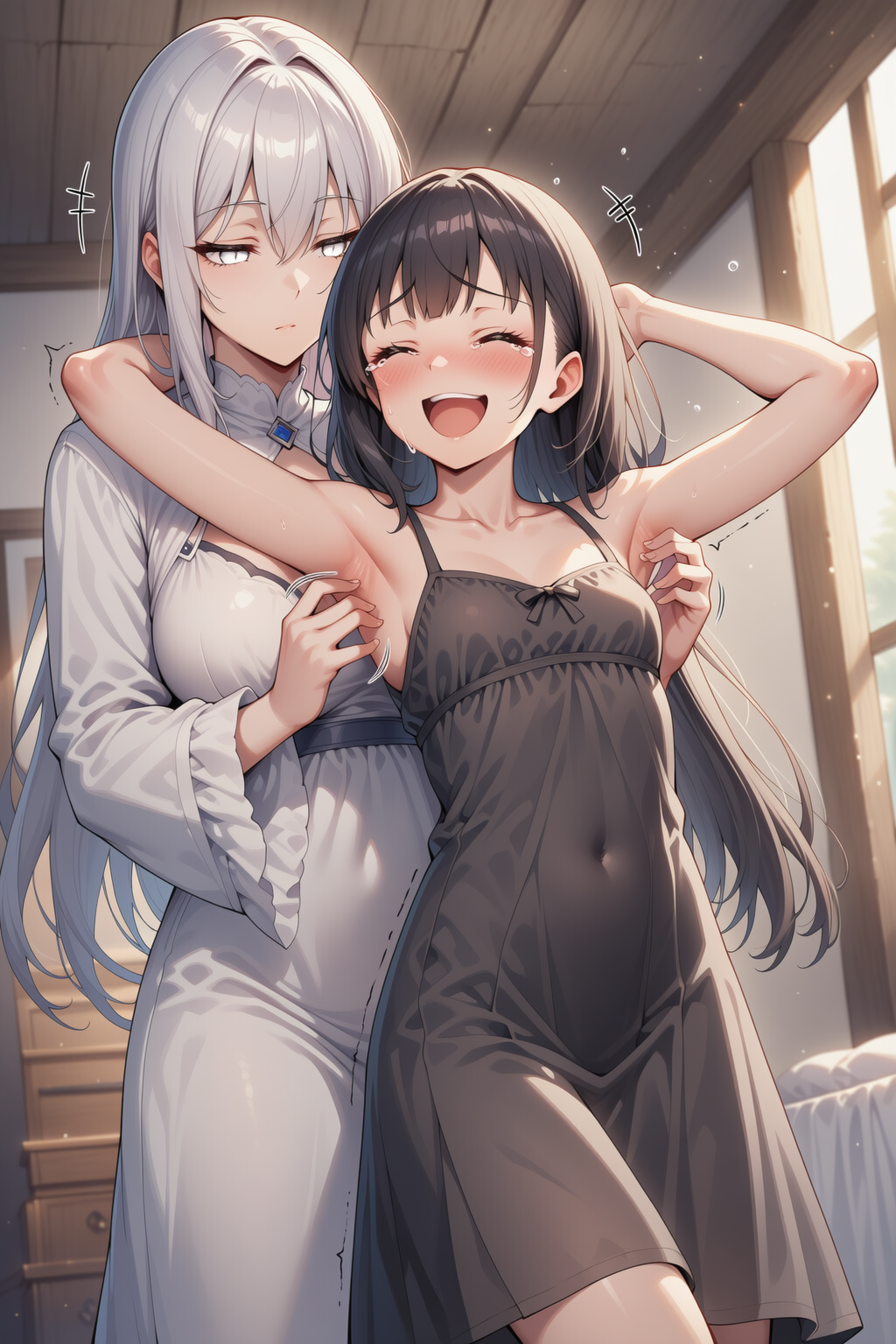 「ほら、あなたが腋をくすぐられるのが弱いことは知っていますよ。もっと笑ってください」 「ちょっとくすぐったいって～あなたいっつも無表情で背も高いのにこんな子供っぽいことして～」
