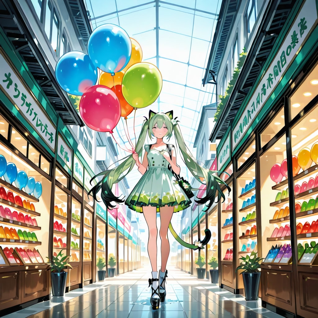 いっぱい色とりどりの風船を持つ緑色ツインテールのお花屋さんの美女 | の人気AIイラスト・グラビア