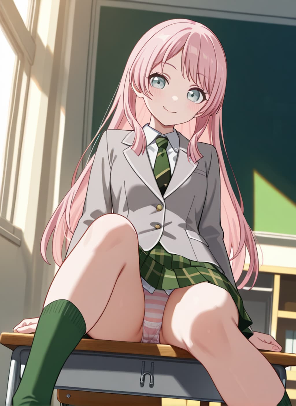 千早愛音が机の上に座ってパンチラ