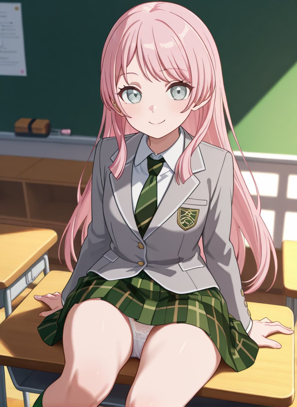 千早愛音が机の上に座ってパンチラ
