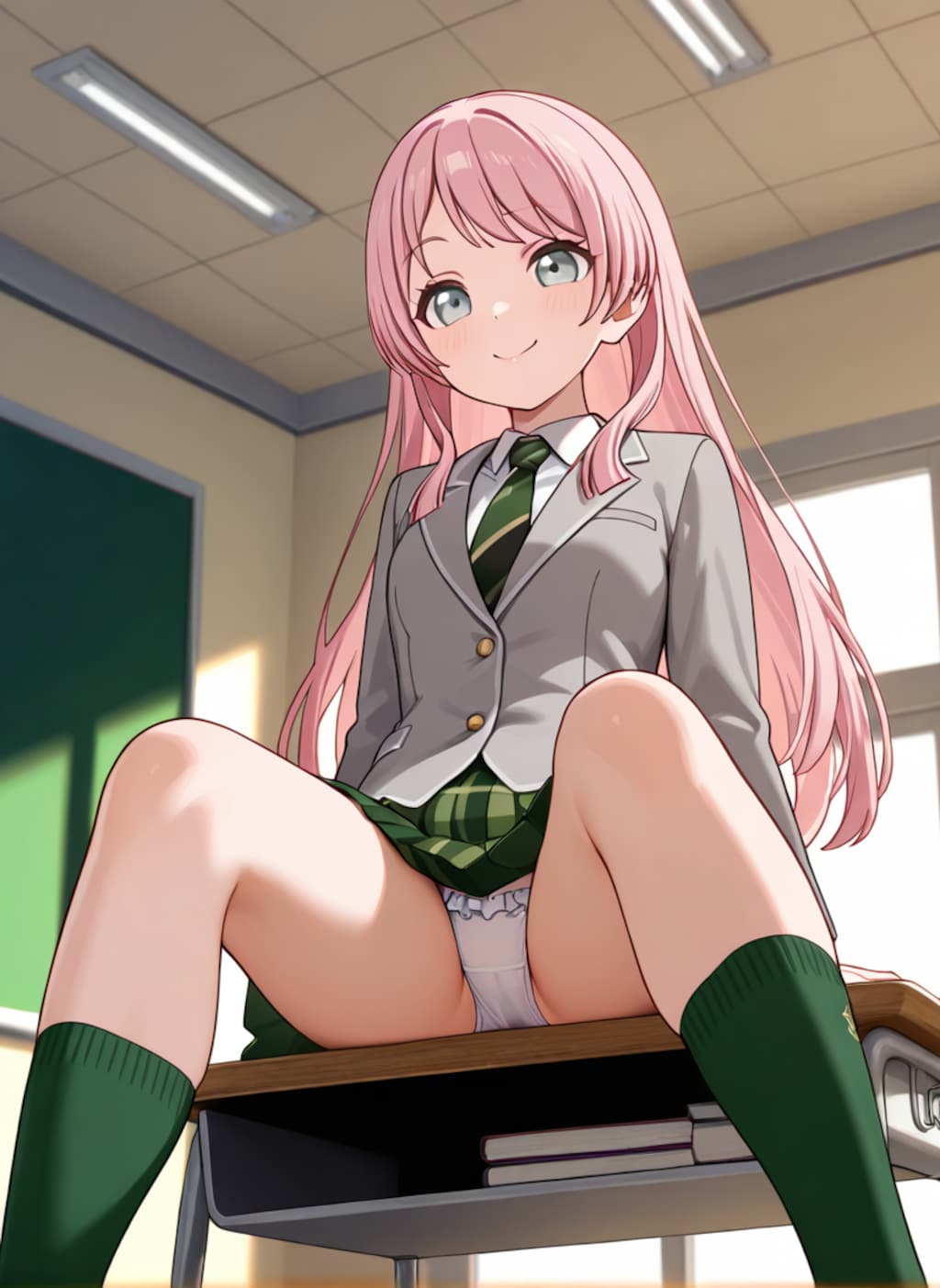 千早愛音が机の上に座ってパンチラ