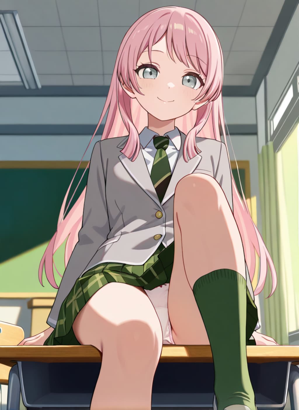 千早愛音が机の上に座ってパンチラ