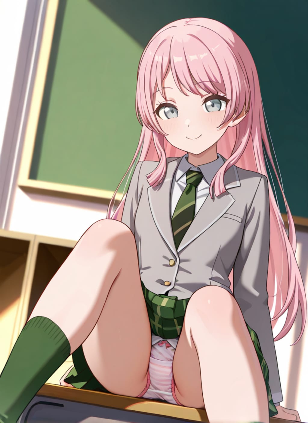 千早愛音が机の上に座ってパンチラ