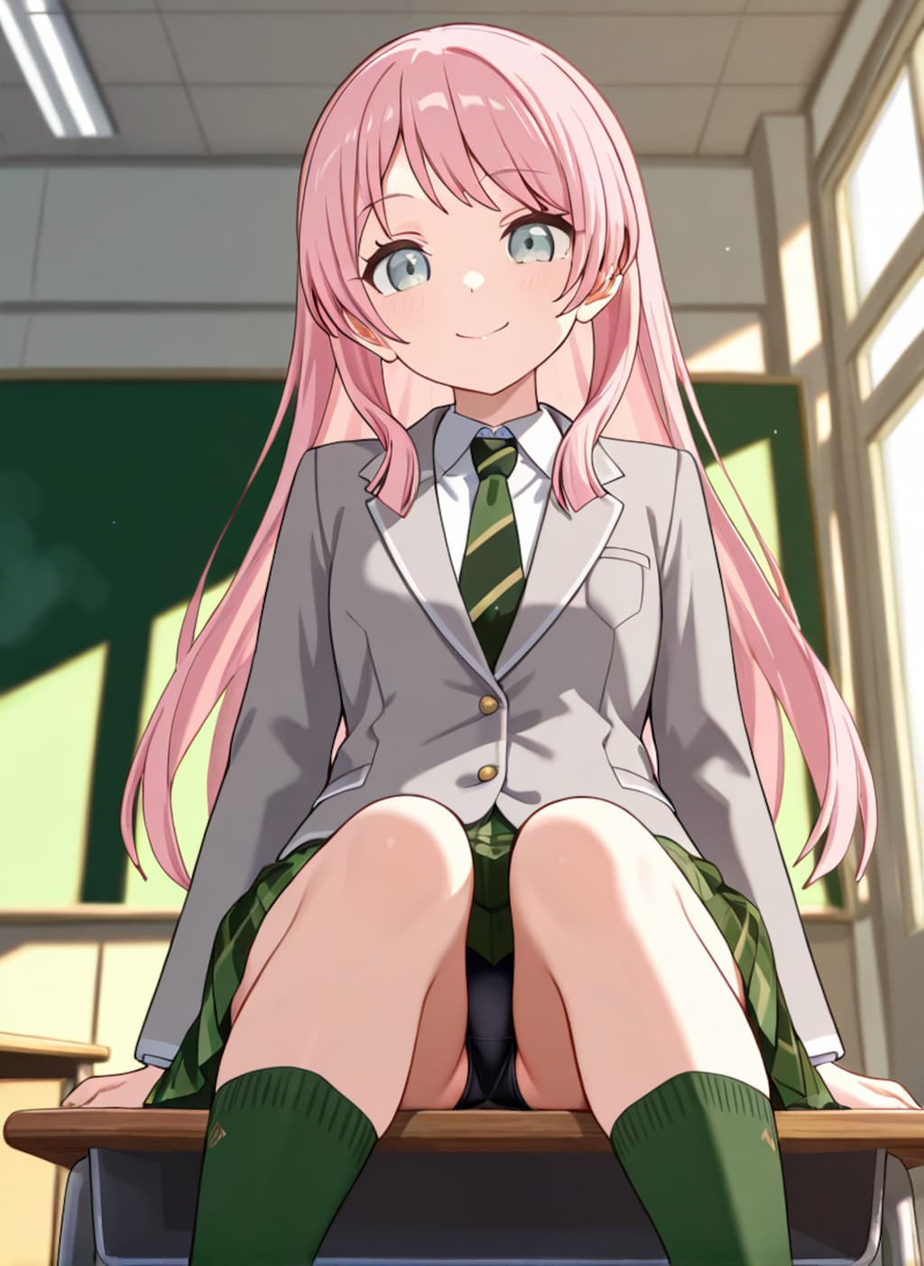 千早愛音が机の上に座ってパンチラ