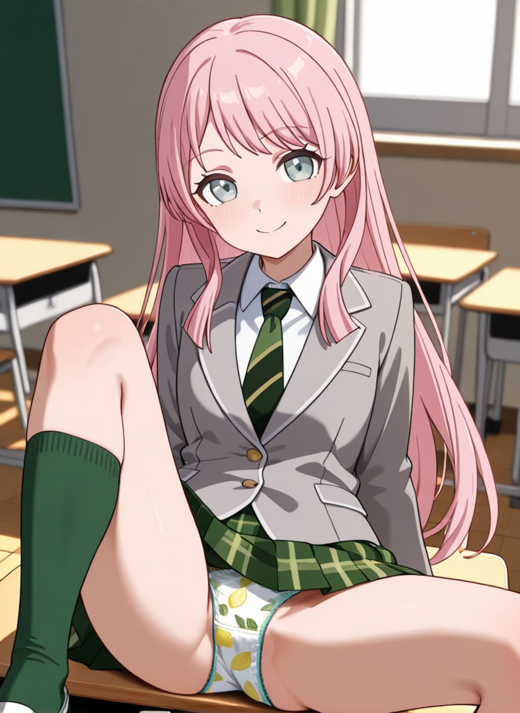 千早愛音が机の上に座ってパンチラ