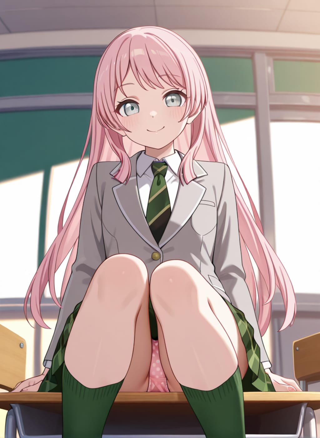 千早愛音が机の上に座ってパンチラ