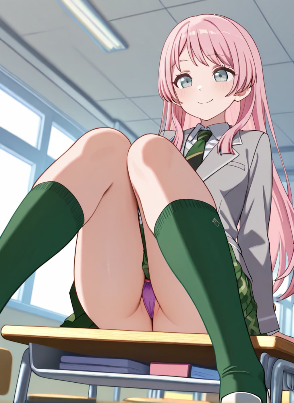 千早愛音が机の上に座ってパンチラ