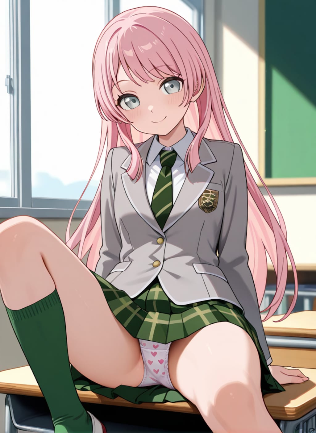 千早愛音が机の上に座ってパンチラ