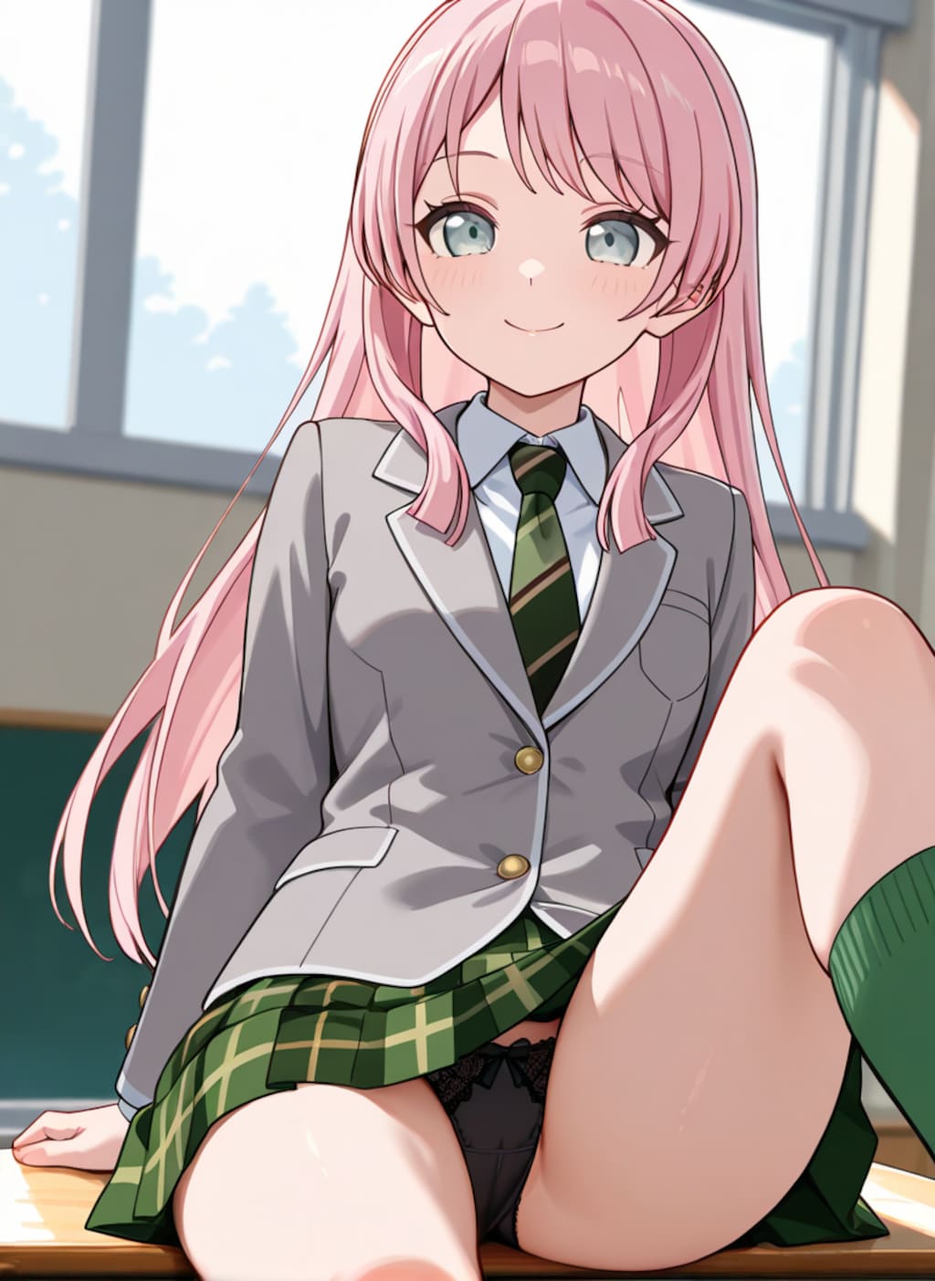 千早愛音が机の上に座ってパンチラ