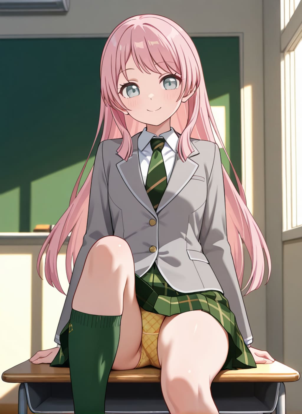 千早愛音が机の上に座ってパンチラ