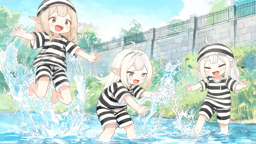 【サマーバ刑ション１】エルフ女子刑務所、今日は特別に川遊びを許可するって（水彩画風）