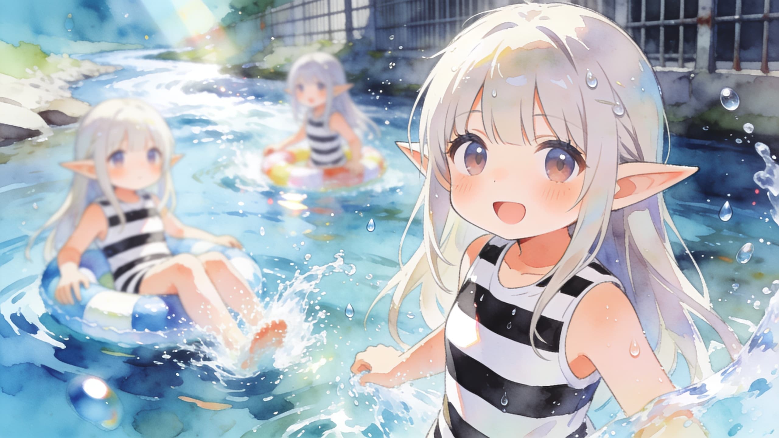 【サマーバ刑ション１】エルフ女子刑務所、今日は特別に川遊びを許可するって（水彩画風）
