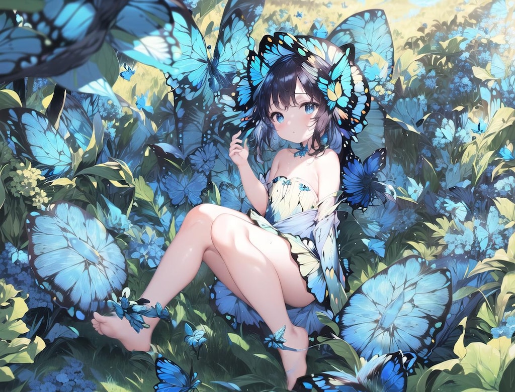 青い蝶をまとわせた幸運の神様