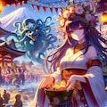美少女&油絵ファンタジー、ギリシア神話の怪物女神メデューサが振袖姿で神社を参拝する正月 4枚目