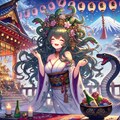 美少女&油絵ファンタジー、ギリシア神話の怪物女神メデューサが振袖姿で神社を参拝する正月 3枚目