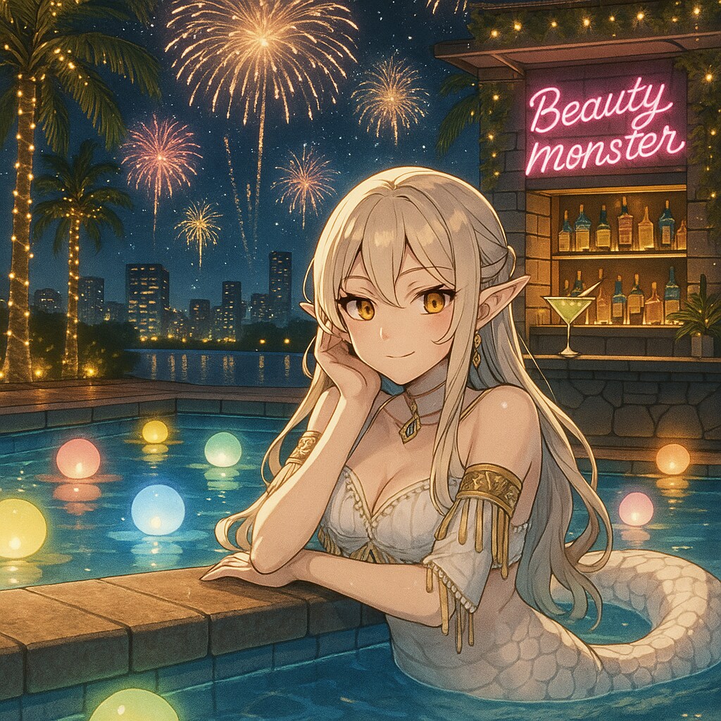 ナイトプールを楽しんでいるラミアちゃん | の人気AIイラスト・グラビア