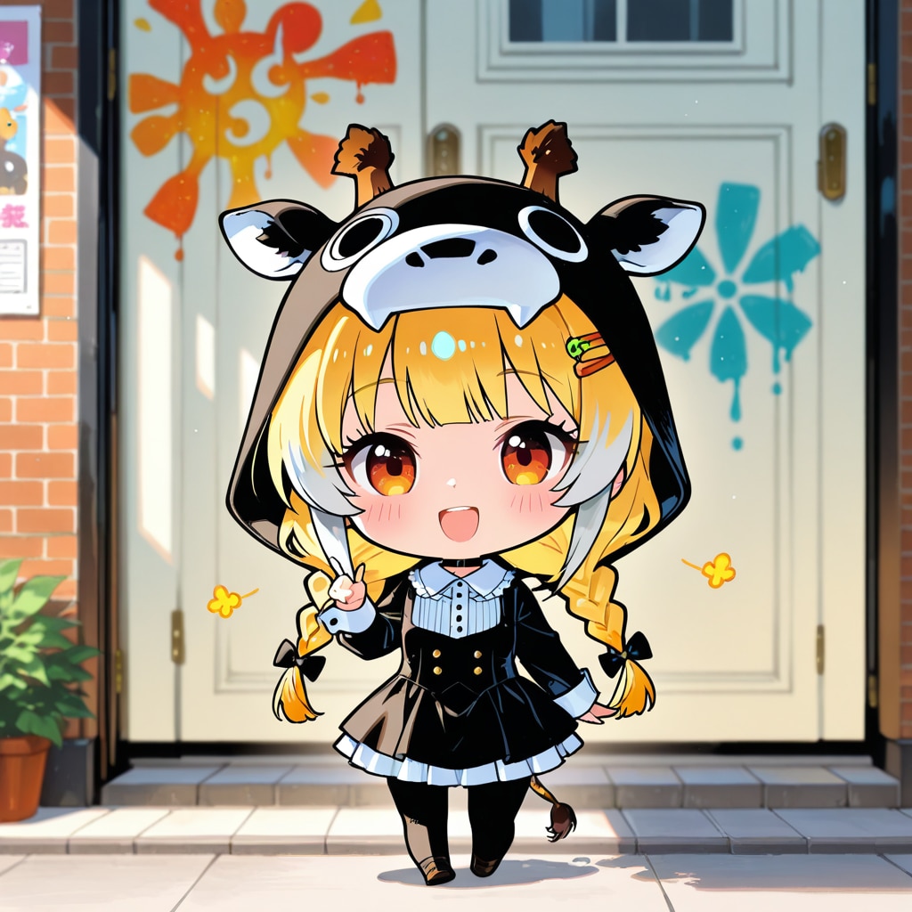 ドアのラクガキとキリンフーディーちび子ちゃん